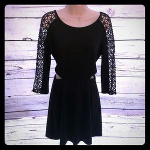 Free People Black Keyhole Crochet Skater Fit And Flare Mini Dress: Black